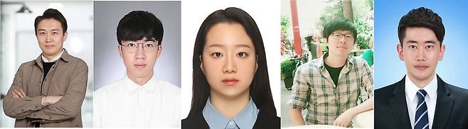 연구진 모습 왼쪽부터 UNIST 강주헌 교수, 제1저자 장봉환 박사, 정수현 박사, 권세용 박사, 박성진 박사. [울산과학기술원 제공. 재판매 및 DB 금지]
