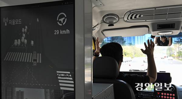 27일 오전 수원시 영통구 광교신도시 일대에서 ‘2025 수원 ITS 아태총회’ 개막을 하루 앞두고 자율주행차량 시승이 진행되고 있다. 2025.5.27 /이지훈기자 jhlee@kyeongin.com