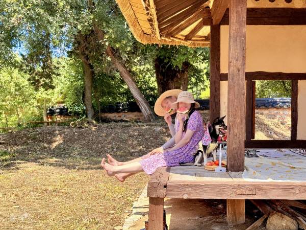 사촌마을 한옥 체험 숙소인 '사촌별채' 툇마루에 앉아 수박을 먹는 여행객과 반려견. ㈜별헤는