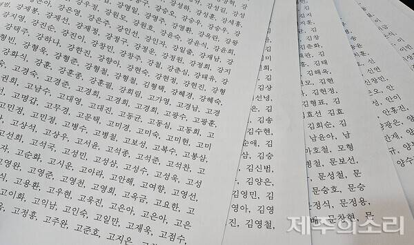 민주당 이재명 후보 지지 선언에 동참한 제주 농민 1510명 명단. ⓒ제주의소리