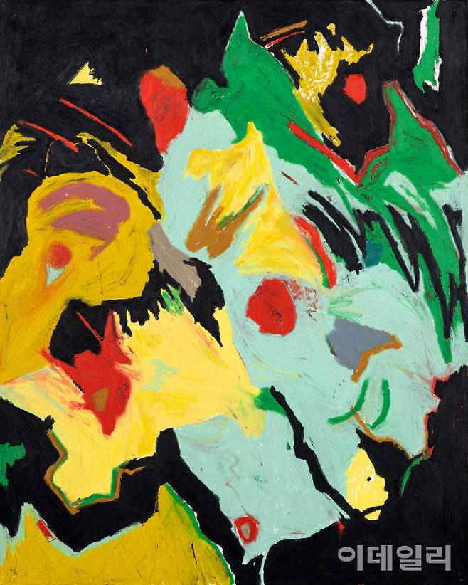 헤롤드 앤카트의 ‘무제’(2016, 162.5×130.5㎝). 색채·형태라는 회화의 기본 요소가 가진 새로운 가능성을 조형적 실험으로 찾아내려 한 작업이다. 케이옥션 ‘5월 경매’에서 추정가 4억 2000만∼5억원으로 응찰을 기다린다(사진=케이옥션).