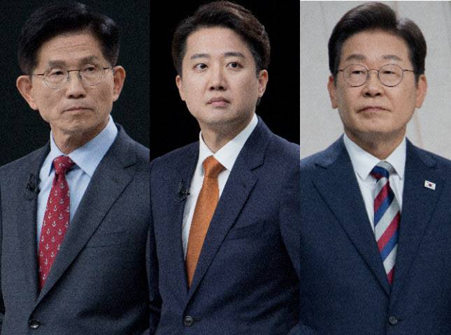 더불어민주당 이재명 후보, 국민의힘 김문수 후보, 개혁신당 이준석 후보가가 27일 서울 마포구 상암동 MBC 스튜디오에서 열린 정치 분야 TV토론회를 준비하고 있다.(사진=연합뉴스/국회기자단)