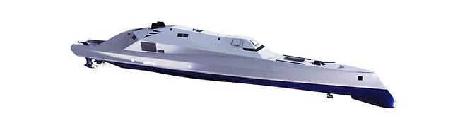 전기추진체계, 통합마스트,첨단함형, 통합네트워크, 스마트 함교, 병력절감 스마트함정 등의 미래 기술이 적용된 한화오션의 미래형 구축함 조감도.ⓒ한화오션