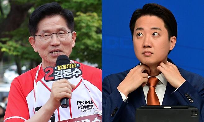 26일 경기 용인시 용인 포은아트갤러리 광장에서 열린 집중유세에서 지지를 호소하고 있는 김문수 국민의힘 대통령 후보(왼쪽)와 같은 날 서울 양천구 한국방송회관에서 열린 한국방송기자클럽 초청 토론회에 참석한 이준석 개혁신당 대통령 후보(오른쪽). 공동취재사진