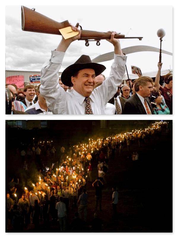 1996년 미국 대선 공화당 후보 경선에 출마해 유세하던 무렵의 팻 뷰캐넌(위 사진). 그는 트럼프보다 먼저 미국-멕시코 국경 봉쇄 등을 주장하며 백인 민족주의를 선동한 미국 주류 정치인 중 한 명이다. AP 연합뉴스. 아래 사진은 2017년 8월 버지나아 샬러츠빌에서 열린 백인 우월주의 단체 회원들의 연합 집회 및 행진 장면. 게티 이미지