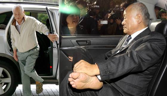 허재호 전 대주그룹 회장이 2014년 3월 28일 검찰에 출두할 때 모습. 오른쪽 사진은 허 전 회장이 2014년 4월 광주지검 앞에서 대국민사과를 한 뒤 계열사 피해자들의 항의로 차에 갇힌 모습. 중앙포토