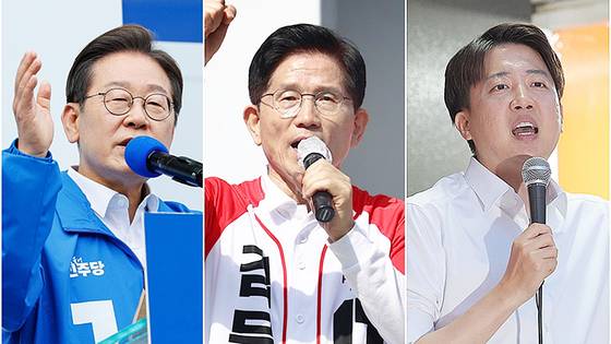 왼쪽부터 6·3 대선에 출마한 이재명 더불어민주당 후보, 김문수 국민의힘 후보, 이준석 개혁신당 후보. 연합뉴스