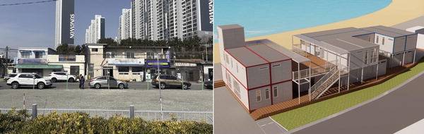 부산 사하구 다대포 동측해수욕장에 지어질 편의시설 부지(왼쪽)와 조감도. 사하구 제공