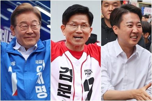 지난 24일 안양에서 집중유세하는 이재명 후보(왼쪽부터), 안동 방문한 김문수 후보, 수원에서 유세하는 이준석 후보 [사진 = 연합뉴스]