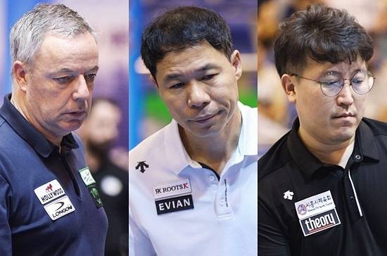 2025호치민3쿠션월드컵에서 우승한 야스퍼스(맨 왼쪽)가 2위 트란퀴옛치엔을 142점차로 따돌리고 독주체제를 갖췄다. 아쉽게 준우승한 허정한(가운데)은 11위서 6위로 상승했고, 4강에 오른 황봉주는 26위로 7계단 껑충 뛰었다. (사진=SOOP)