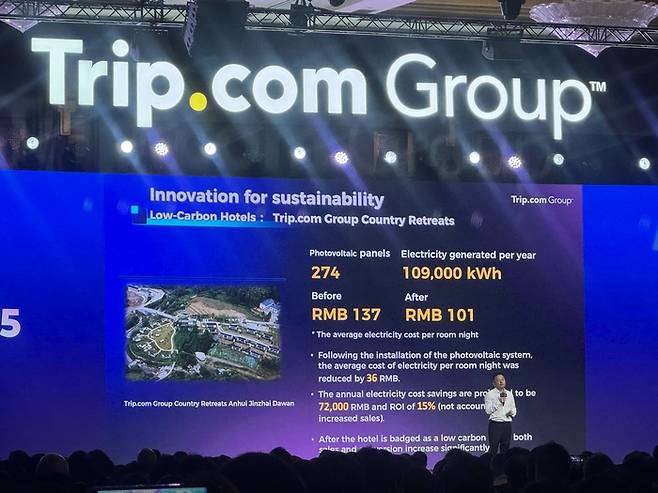 트립닷컴 연례 세미나 ‘인비젼 2025’에서 ‘컨트리 리트릿’ 저탄소 호텔 모델을 설명하고 있는 제임스 량 / 사진=홍지연 여행+ 기자