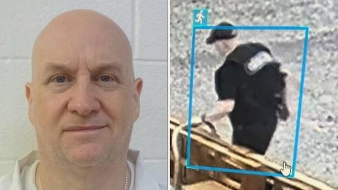 미국에서 살인·강간 등 흉악한 범죄를 저지른 뒤 중형을 선고받고 복역 중이던 전직 경찰서장 그랜트 하딘(왼쪽)이 탈옥했다. 보안 카메라 정지화면에 잡힌 하딘의 탈출 당시 모습. [NBC방송 캡처]