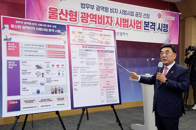김두겸 울산시장이 26일 울산시 프레스센터에서 법무부의 ‘광역형 비자 시범사업’에 선정된 ‘울산형 광역비자’를 직접 설명하고 있다. [울산시 제공]