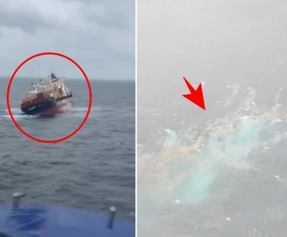 25일(현지시간) 오전 인도 케랄라주 앞바다에서 폭발성 화학물질인 탄화칼슘 등을 실은 컨테이너선이 침몰했다(왼쪽), 침몰한 컨테이너선에서 누출된 기름이 거대한 띠를 형성한 모습(오른쪽). AP 영상 캡처