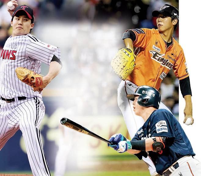 LG 임찬규와 한화 황준서·노시환(왼쪽부터 시계방향으로). 각 구단 제공