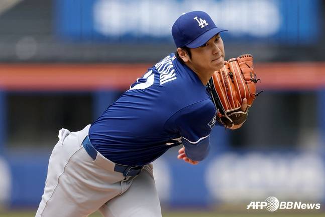 LA 다저스 오타니 쇼헤이가 26일 뉴욕 메츠전을 앞두고 라이브 피칭을 하고 있다. /AFPBBNews=뉴스1