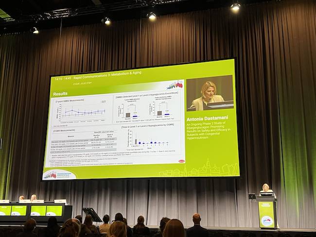 지난 11일 덴마크 코펜하겐에서 열린 유럽소아내분비학회(ESPE) 및 유럽내분비학회(ESE) 공동 학술대회에서 에페거글루카곤에 대한 임상 2상 중간 분석 결과를 영국 연구자인 안토니아 다스타마니 박사가 발표하고 있다./사진=한미약품