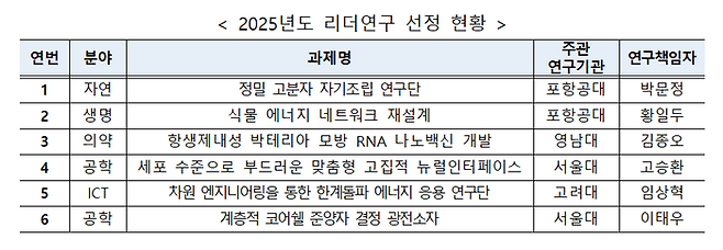 2025년도 리더연구 선정 현황