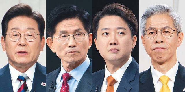 서울 마포구 MBC 스튜디오에서 27일 열린 마지막 TV 토론에 나온 이재명 더불어민주당, 김문수 국민의힘, 이준석 개혁신당, 권영국 민주노동당 대선 후보가 경쟁 후보의 공격적 질문을 받고 굳은 표정을 짓고 있다. 국회사진기자단