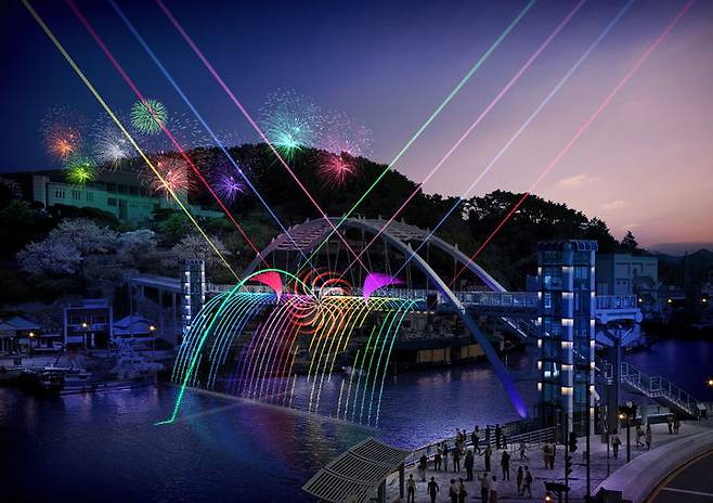 [통영=뉴시스] 신정철 기자= 경남 통영시는 28일, 강구안 야간경관 개선사업 세부추진계획 수립 용역을 바탕으로 80억 원을 들여 야간관광 도시로의 본격적인 전환과 함께 콘텐츠 기반의 차별화된 야간경관 전략을 공식 발표했다. 사진은 ‘통영의 밤을 깨우는 강구안' 보도교 교량분수 야경 조감도.(사진=통영시 제공).2025.05.28. photo@newsis.com *재판매 및 DB 금지