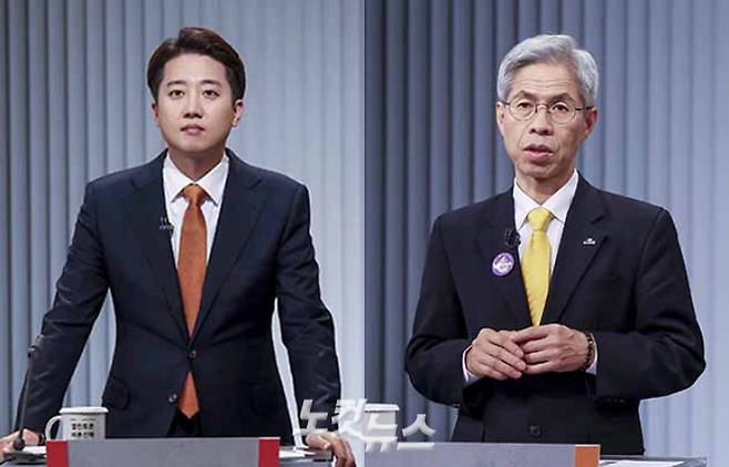 이준석 개혁신당 후보(왼쪽)는 지난 23일 서울 영등포구 여의도 KBS 스튜디오에서 열린 후보자 2차 토론회에서 해당 공약이 ILO 협약 위반이라고 비판하는 권영국 민주노동당 후보(오른쪽)에게 "캐나다의 TFWP 프로그램"을 언급하며 반박했다. 국회사진기자단