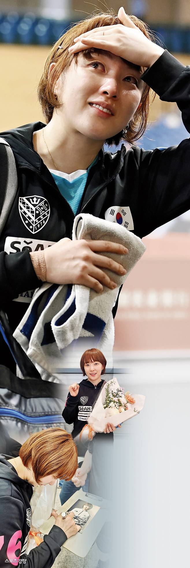 서효원이 지난 21일 카타르 도하 카타르대학교 스포츠 컴플렉스에서 열린 2025 세계탁구선수권대회 여자 단식 32강 크로아티아 레아 라코바츠와 경기를 마친 뒤 팬들에 인사를 하고 있다(맨 위). 26일 인천국제공항에서 귀국한 뒤 팬의 요청에 따라 자신의 사진에 사인하고 있는 서효원. 사진공동취재단·황민국 기자