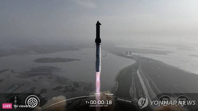 27일(현지시간) 지구궤도 시험비행을 위해 발사된 스타십 [SpaceX/AFP=연합뉴스. 재판매 및 DB 금지]