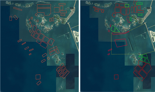 새만금신항 인근 해역의 김 양식 어업권 현황. 신항 축조 이전(왼쪽)과 이후(오른쪽). 새만금 신항이 개항하면 선박 입출항을 위해 항계 구역이 설정될 예정이며, 인근 해역의 김 양식장은 모두 사라지게 된다./이미지제공=군산시