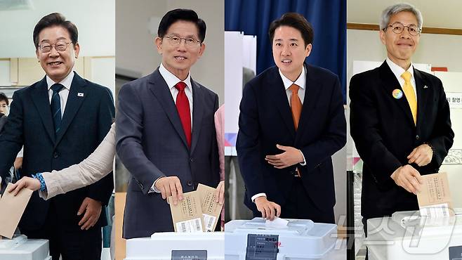 더불어민주당 이재명(왼쪽부터), 국민의힘 김문수, 개혁신당 이준석, 민주노동당 권영국 대통령 후보가 제21대 대통령선거 사전투표 첫날인 29일 투표하고 있다. 2025.5.29/뉴스1 ⓒ News1 안은나 기자,김민지 기자,이재명 기자,김동수 기자