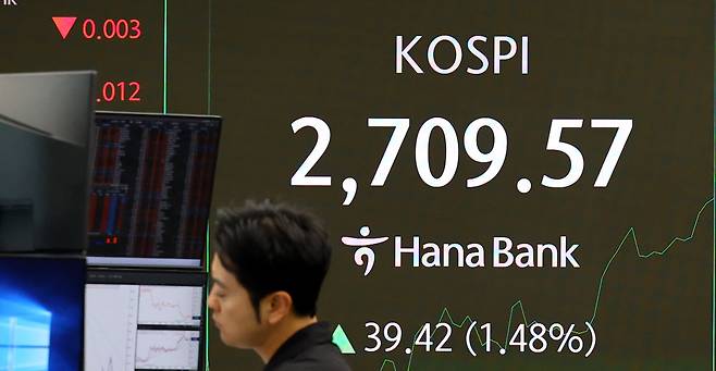 29일 코스피가 9개월 만에 장중 2700선을 돌파한 가운데  서울 중구 하나은행 딜링룸에서 딜러들이 업무를 하고 있다.