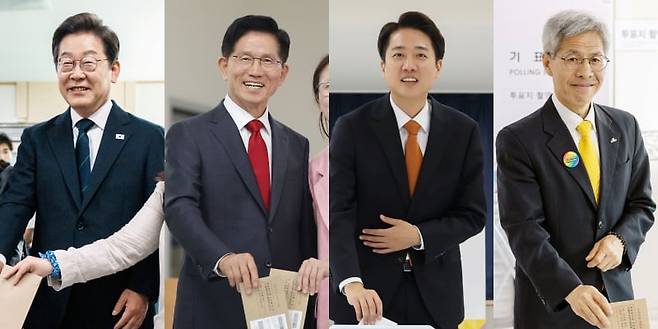 더불어민주당 이재명(왼쪽부터), 국민의힘 김문수, 개혁신당 이준석, 민주노동당 권영국 대통령 후보가 제21대 대통령선거 사전투표 첫날인 29일 투표하고 있다. /뉴스1