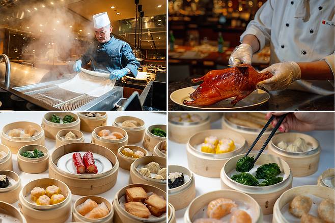 딤섬과 북경오리는 중국 출신의 베테랑 셰프가 조리를 책임진다. 한다. 딤섬의 본고장인 홍콩에서도 창펀을 즉석에서 선보이는 호텔 뷔페는 찾아보기 어렵다. 아래 사진의 붉은색 딤섬이 '마라 새우 창펀', 초록색 딤섬이 '고수 돼지고기 교자'다. 백종현 기자