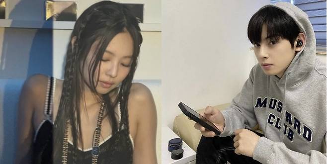 (왼쪽부터) 샤넬 이어폰을 착용한 제니와 루이비통 이어폰을 착용한 차은우. 사진=SNS 캡처