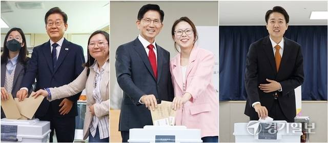 제21대 대통령선거 사전투표 첫날인 29일 더불어민주당 이재명 후보는 서울 서대문구 신촌동 주민센터 사전투표소, 국민의힘 김문수 후보는 인천 계양구 계양1동 주민센터에서 딸 김동주 씨와, 개혁신당 이준석 후보가 경기도 화성시 동탄9동 행정복지센터에서 각각 사전투표를 하고 있다. 조병석, 홍기웅기자, 연합뉴스