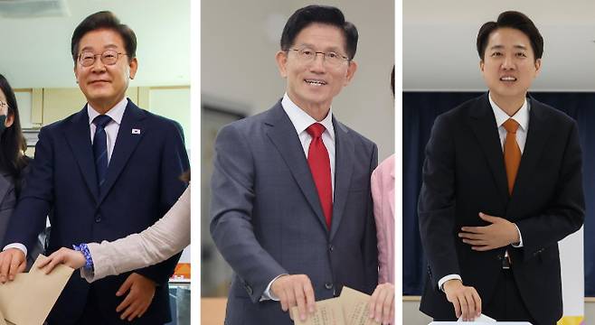 사진은 왼쪽부터 이날 사전투표에 참여한 이재명, 김문수, 이준석 후보. /사진=뉴시스