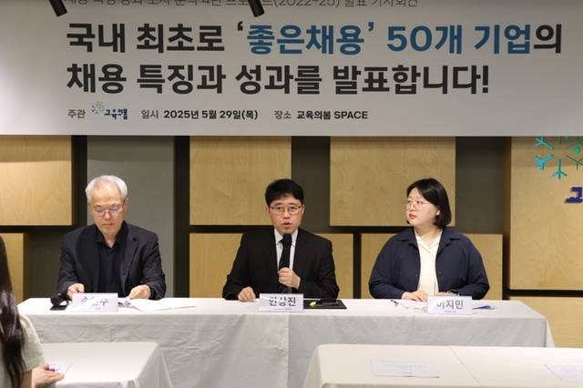 29일 서울 용산구 교육의봄 스페이스에서 ‘좋은채용’ 기업 4년 조사 프로젝트의 결과를 발표하는 기자회견이 열렸다. 교육의봄 제공