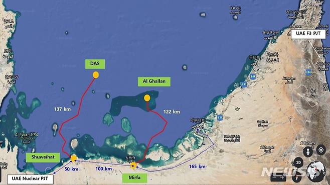 [서울=뉴시스] UAE 초고압직류송전(HVDC) 해저송전망 위치도.(사진=한국전력공사 제공)