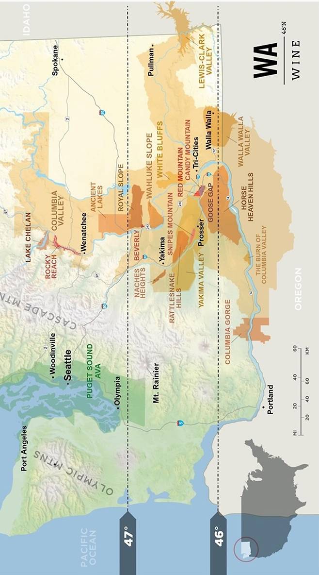 워싱턴주 주요 와인산지.&nbsp; 워싱턴주와인협회