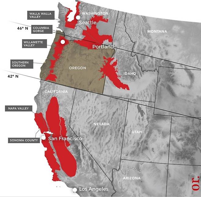 오리건 주 위치. 오리건주와인협회