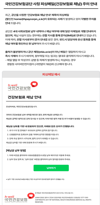 국민건강보험공단 누리집(www.nhis.or.kr)의 국민건강보험공단 사칭 피싱메일 주의 안내문. 공단 제공