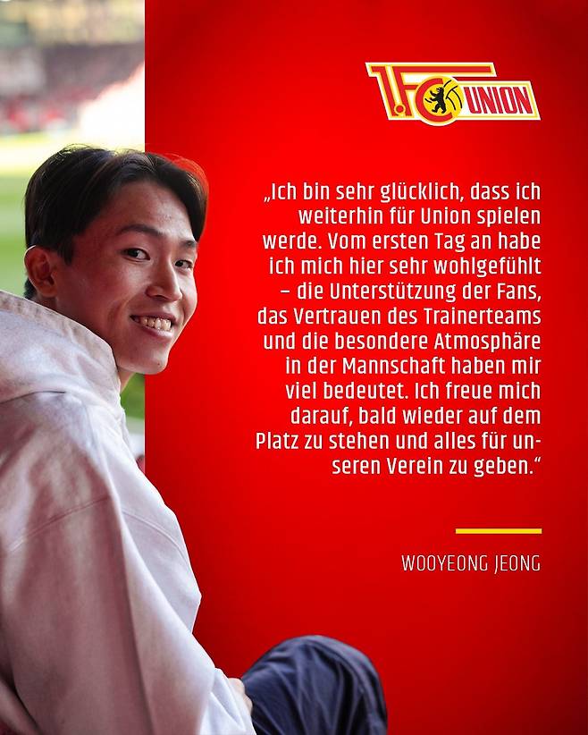 우니온 베를린은 28일(한국시간) 공식 홈페이지를 통해 “2024년 여름 임대로 왔던 정우영이 완전 이적해 팀에 남는다”고 발표했다. 사진출처｜우니온 베를린 페이스북