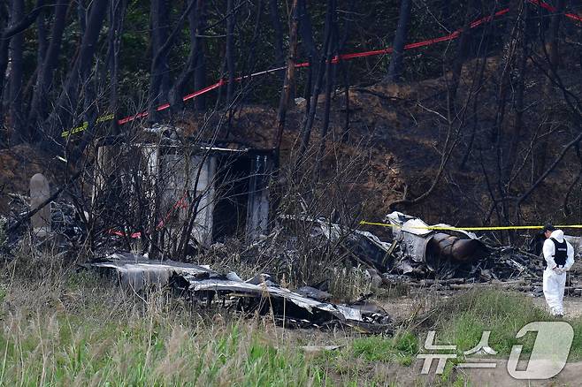 군 항공사고 조사관들이 30일 오전 경북 포항시 남구 동해면 야산에 추락한 해군 대잠 해상초계기 사고 현장 조사를 진행하고 있다. 2025.5.30/뉴스1 ⓒ News1 최창호 기자