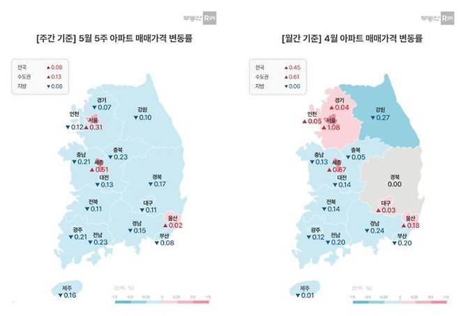 전국적으로 세종과 서울 아파트값이 높은 수준으로 오른 가운데 경기·인천을 비롯해 지방은 하락 분위기가 우세했던 것으로 파악된다.ⓒ부동산R114