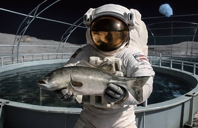 달에서 우주인이 양식한 농어를 들고 있는 모습의 상상도. 프랑스 과학자들이 달에서 농어를 양식하는 연구를 하고 있다./ 챗GPT DALL·E3