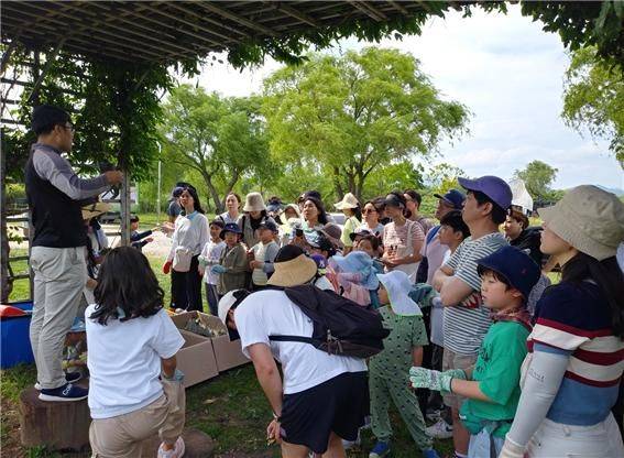 꼬리명주나비 복원 체험 활동 모습. 부산시 낙동강관리본부 제공