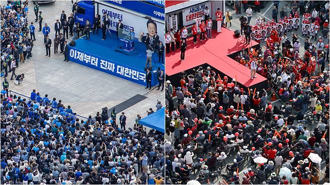 이재명 더불어민주당 대통령 후보는 주로 1자형으로 연단을 만들어 군중들과 적당한 거리감을 두고 유세를 하는 반면(왼쪽 사진·19일 서울 영등포), 김문수 국민의힘 대통령 후보는 주로 티(T)자형으로 돌출시킨 무대로 군중을 최대한 밀착시켜 사람이 많아 보이게 하고 친밀감을 최대화하고 있다.(25일 충남 홍섭읍)