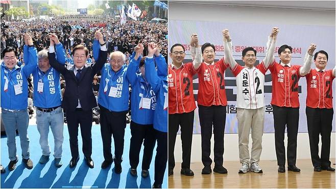 선거 운동 첫날인 12일 이재명 후보의 유세장에 모인 이 후보 쪽 선대위원들은 ‘이재명’이란 이름과 기호가 적힌 점퍼를 입은 반면(왼쪽 사진), 막판까지 단일화로 갈등을 겪은 김문수 후보 쪽 선대위원들은 기호 ‘2’만 있고 후보의 이름이 없는 겉옷을 입고 있다.