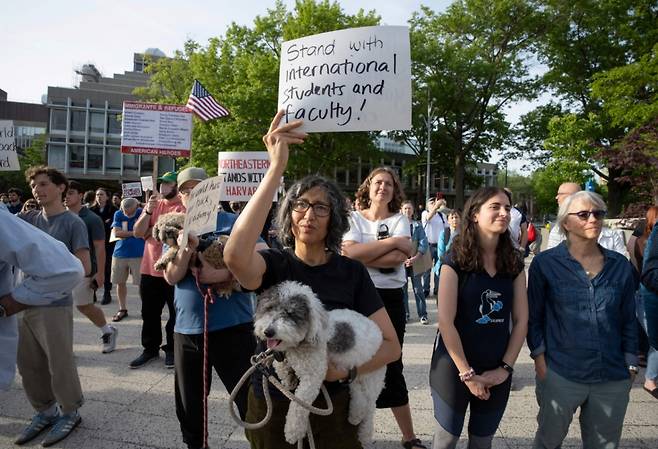 27일(현지시간) 미국 매사추세츠주(州) 보스턴에 있는 하버드 대학교 캠퍼스에서 유학생을 지지하는 집회가 열렸다. 한 집회 참여자가 '국제 유학생과 교수진과 함께한다'는 플래카드를 들고 있는 모습. 25.05.27 /AFPBBNews=뉴스1