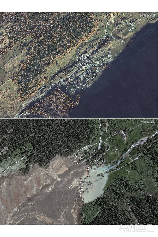 [블라텐=AP/뉴시스] 막사 테크놀로지가 제공한 사진에 2024년 11월 3일 스위스 발레주 블라텐 마을(위쪽)과 빙하 붕괴 후 발생한 산사태 피해를 입은 블라텐 마을. 2025.05.30.