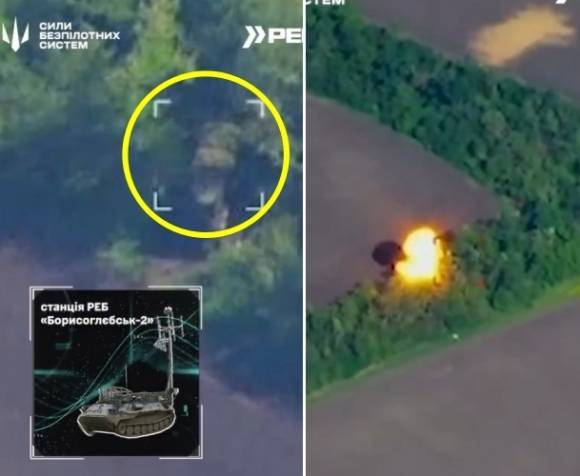 러시아군이 운용하는 최신형 다목적 전자전 시스템이 우크라이나군의 드론에 파괴되는 모습. 우크라이나 드론 부대 텔레그램 캡처